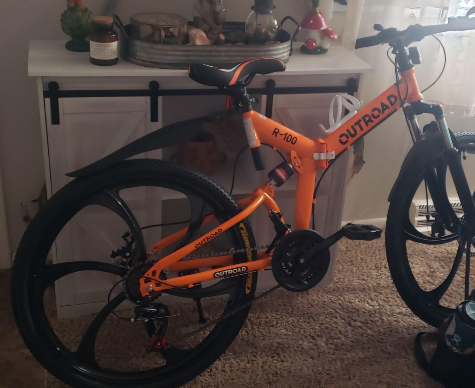 Outroad 26 Inch Folding Mountain Bike, 21 Speed Full Suspension High-Carbon Steel MTB Foldable Bicycle, Dual Disc Brake Non-Slip Adjustable Seat Folding Bikes for Adults/Men/Women, Black, Orange customer photo 2