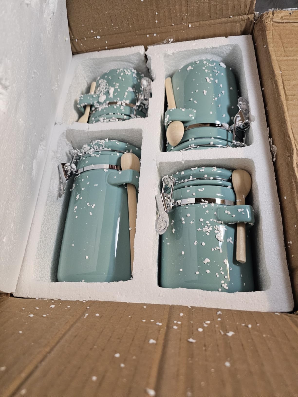 4 Piece Airtight Ceramic Canister Set With Attached Wooden Spoon Reusable Chalk Labels For Dry Goods Sugar Coffee Tea Kitchen Storage Use (Marble) customer photo 1