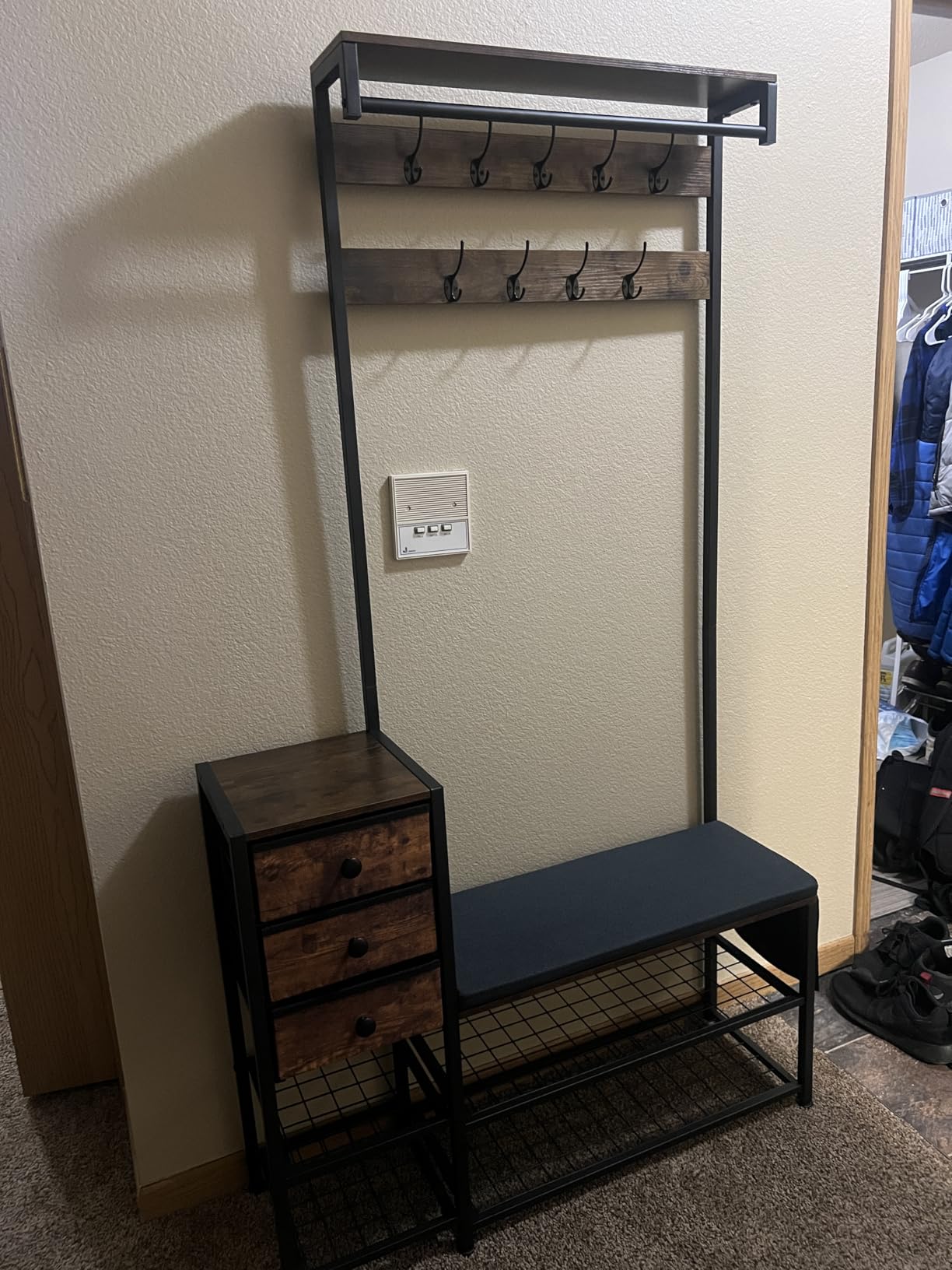 Itaar Coat Rack, Hall Tree with Bench and Shoe Storage, 7-in-1 Entryway Bench with Soft Cushion, Storage Bag, 3 Fabric Drawers (Rustic Brown) customer photo 1