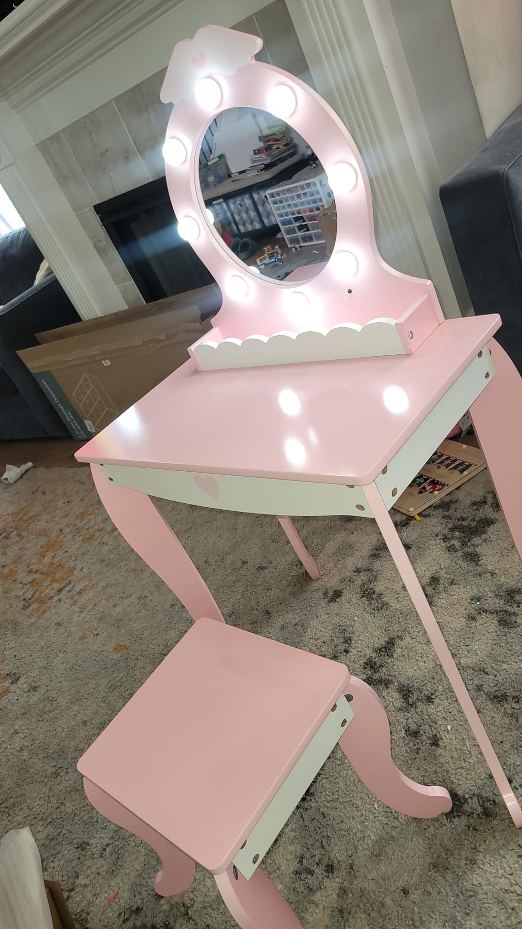 MU Kids Vanity Set with Lighted Mirror and Stool, Kids Make Up Vanity Desk with Storage Space, Wing Pattern for Little Girls, Toddler Princess Makeup Dressing Table with Chair Set, Pink customer photo 2