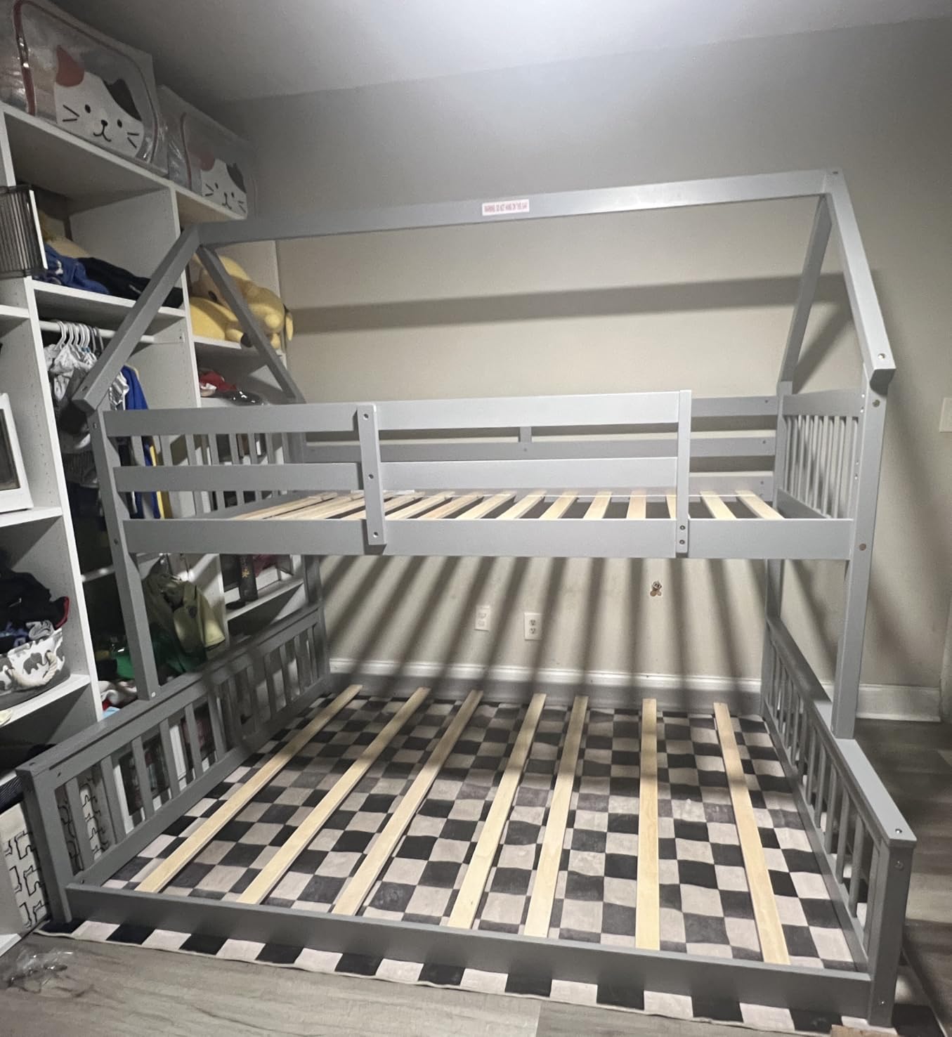 KOMFOTT Wood Twin Over Twin Bunk Bed with Slide & Staircase, Twin House Bunk Bed with Safety Guardrails & Storage, Floor House Bed with Wooden Slat Support for Boys Girls, No Box Spring Needed (Grey) customer photo 1
