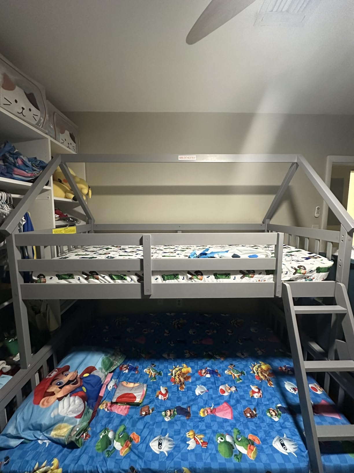 KOMFOTT Wood Twin Over Twin Bunk Bed with Slide & Staircase, Twin House Bunk Bed with Safety Guardrails & Storage, Floor House Bed with Wooden Slat Support for Boys Girls, No Box Spring Needed (Grey) customer photo 2