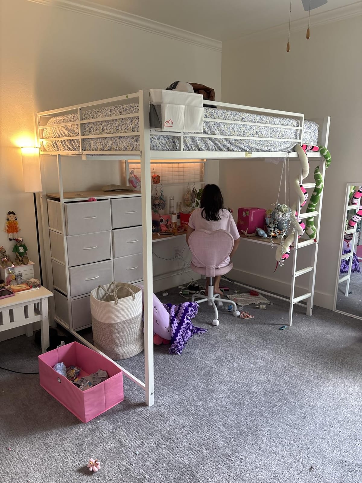 DICTAC Twin Loft Bed with L-Shaped Desk and 7 Storage Drawers,Metal Twin Size Loft Bed for Kids with LED Lights and Charging Station,13.11