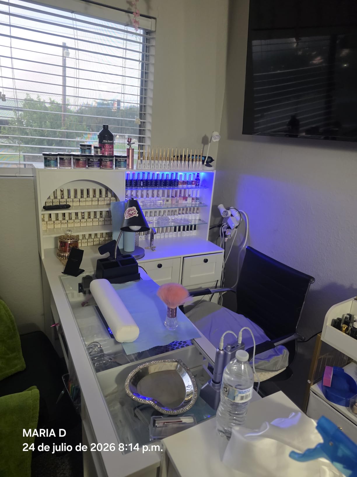 Manicure Table Nail Tech Desk w/LED Display Shelf, L-Shaped Glass Top Nail Station w/USB Ports, Cabinet, Drawer, Wrist Rest, for Professional Salon Manicure Workstation (White) customer photo 1