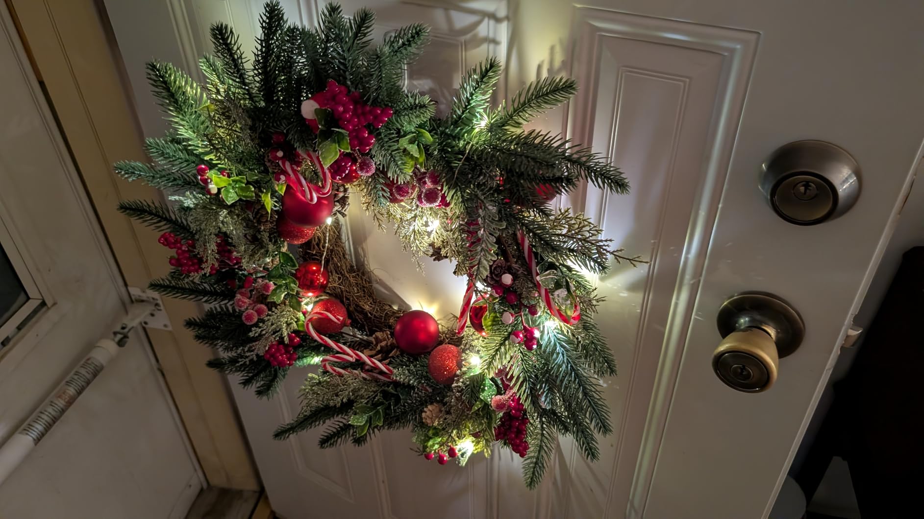 22’’ Artificial Christmas Wreath for Front Door with Red Balls Candy Canes Pine Needles Red Berries Pine Cones Christmas Decorations for Winter Wall Outdoor Home Holiday Xmas Decor customer photo 1