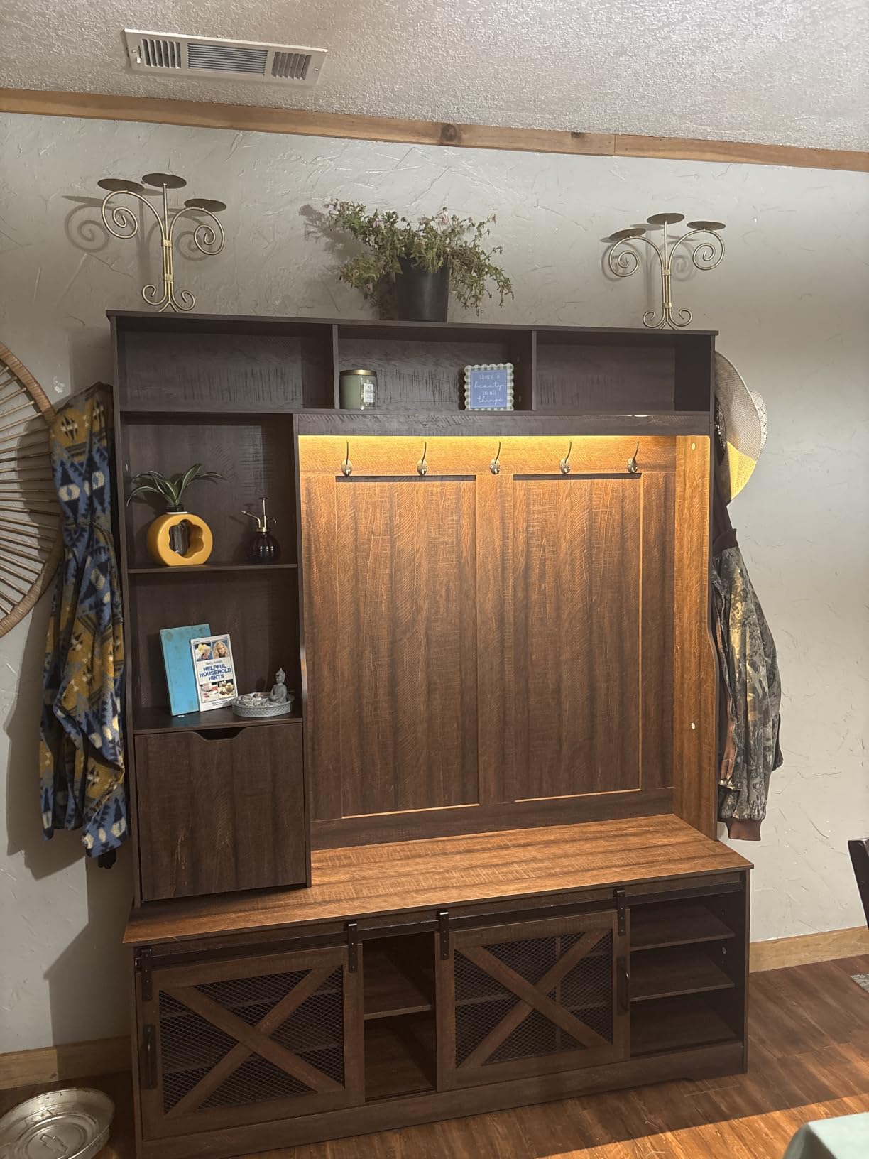 75''H 59''W Large LED Farmhouse Hall Tree with Bench and Shoe Storage, Entryway Bench with Coat Rack, 16 Shoe Cubbies & Umbrella Holder and Sock Storage Drawer, Mudroom/Hallway Storages Cabinet customer photo 2