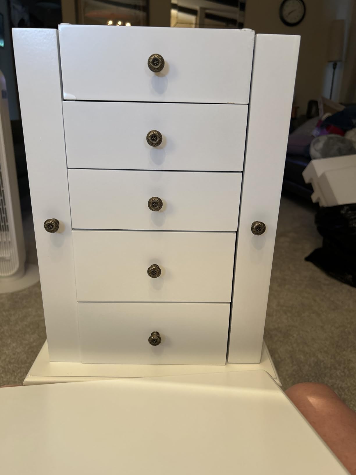 Giantex Standing Jewelry Armoire Cabinet with 4 Drawers, Flip Top Mirror, Top Storage Compartments, 2 Side Doors with 8 Necklace Hooks, Freestanding Jewelry Organizer Box Chest (Walnut) customer photo 1