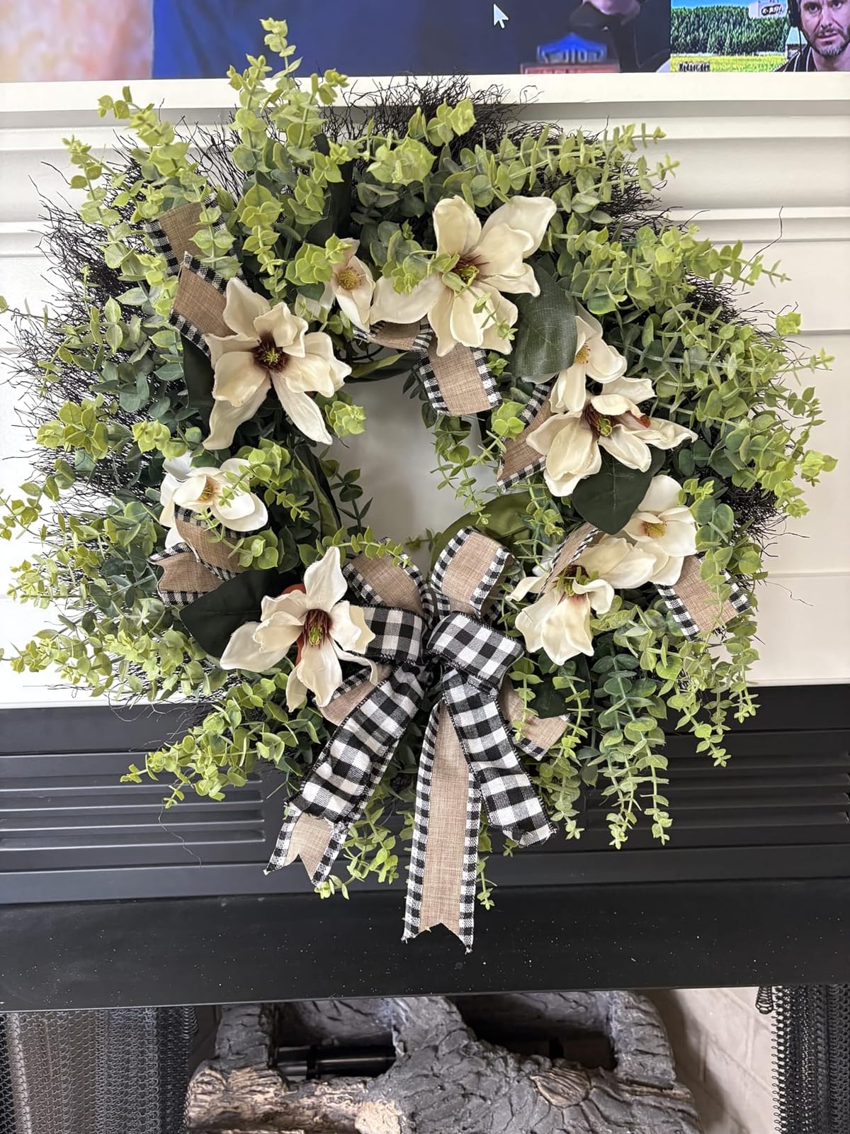24 Inch Artificial Magnolia Wreath for Front Door – Farmhouse Boxwood Greenery Wreath with Buffalo Plaid Bow, Year-Round Rustic Home Wall Decor for Porch, Entryway, Living Room customer photo 1