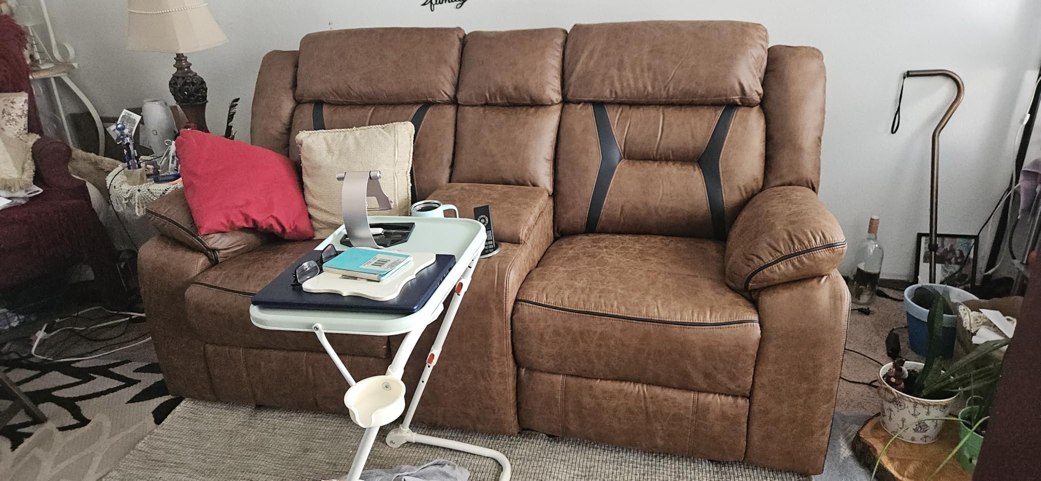 EBELLO Faux Leather Reclining Sectional Sofa Set for Living Room, 1 Recliner Chair and L-Shaped Reclining Couches Home Furniture Set with Center Console, Hidden Cup Holders and Storage, Brown customer photo 2