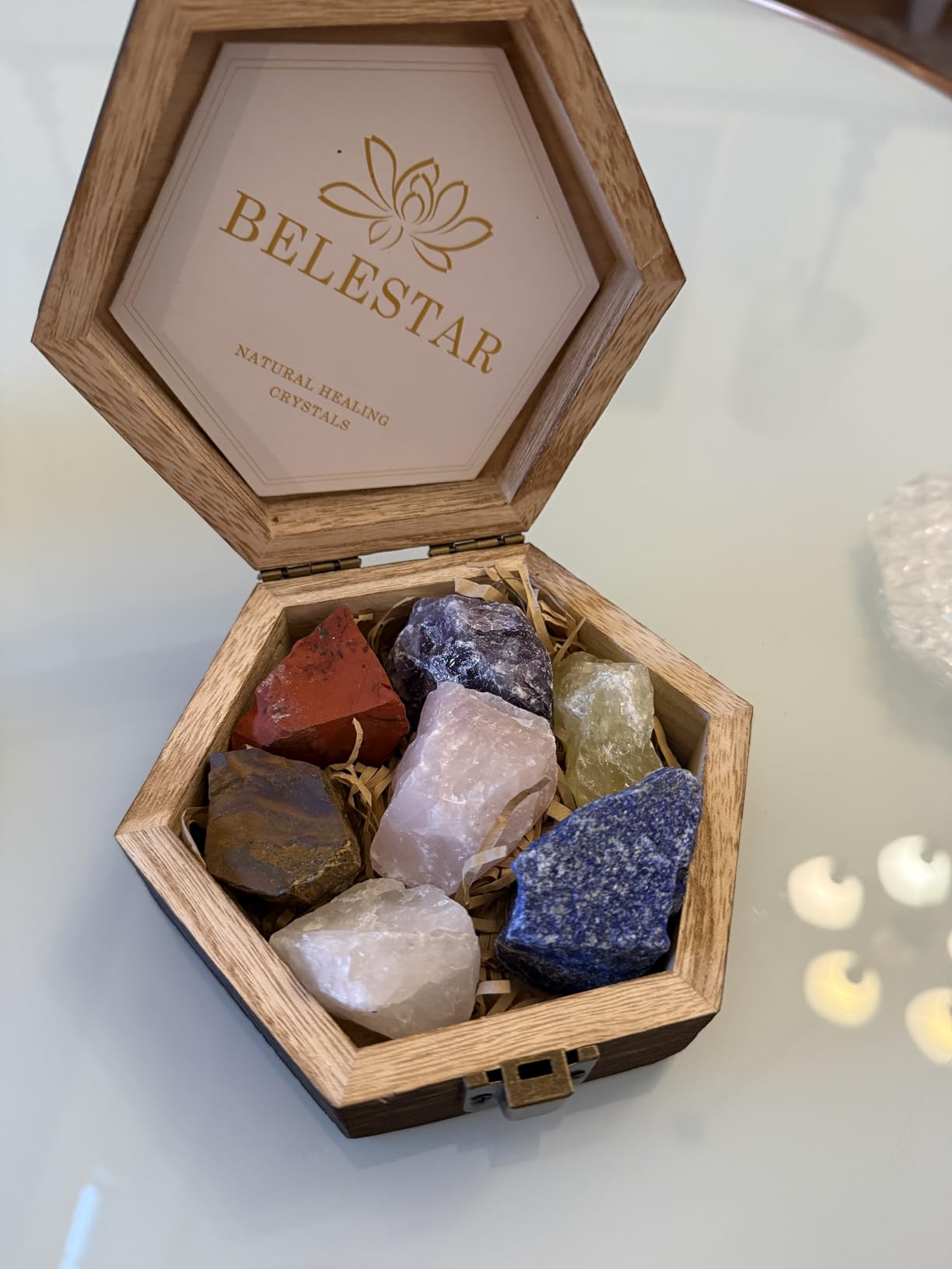 7 Chakra Healing Crystals Set - 7 Raw Stones, Wooden Box & Guide | Amethyst, Rose Quartz, Citrine, Clear Quartz, Tiger's Eye, Jasper with meditation & reiki guidebook customer photo 1