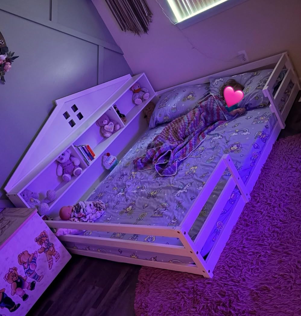Giantex Full Size Montessori Floor Bed with LED Lights, 2-in-1 Wooden House Bed Frame with Safety Guardrails, Storage Compartments & Shelf, No Box Spring Needed, Without Slats, White customer photo 1