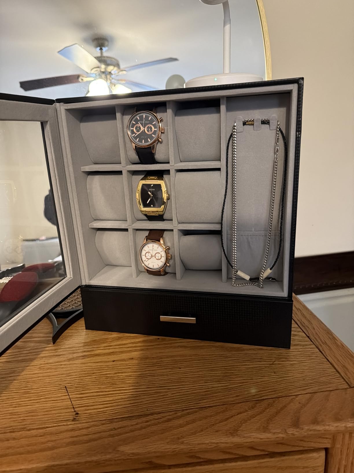 Kukikan Mens Jewelry Box Organizer, 6 Watch Slots & 3 Sunglasses -All Black | 2-Layer Lockable Watch Case for Men, Large Glass Lid, Mens Room Accessories Jewelry Case, Watch Display Holder with Drawer customer photo 1