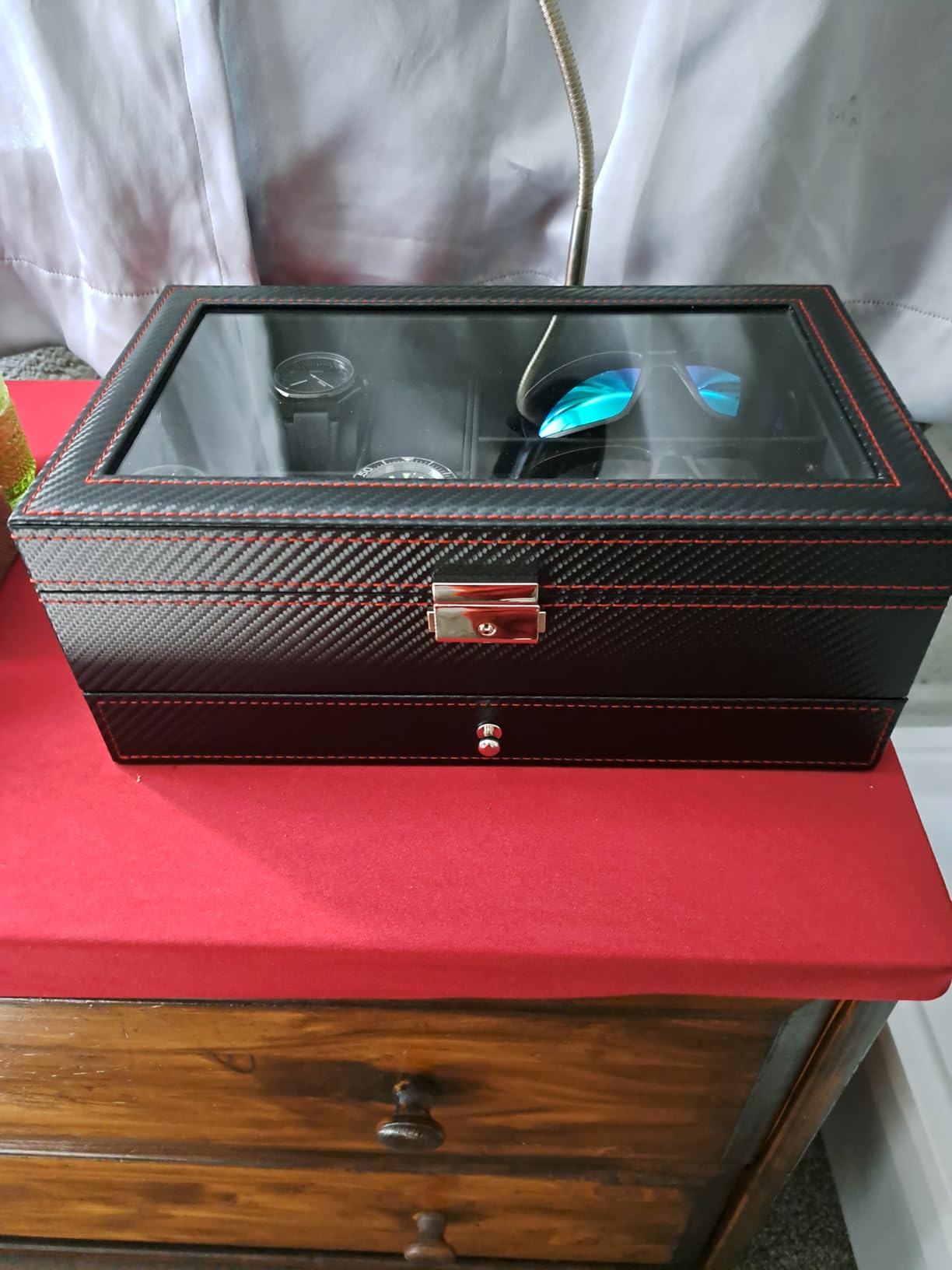 Kukikan Mens Jewelry Box Organizer, 6 Watch Slots & 3 Sunglasses -All Black | 2-Layer Lockable Watch Case for Men, Large Glass Lid, Mens Room Accessories Jewelry Case, Watch Display Holder with Drawer customer photo 2