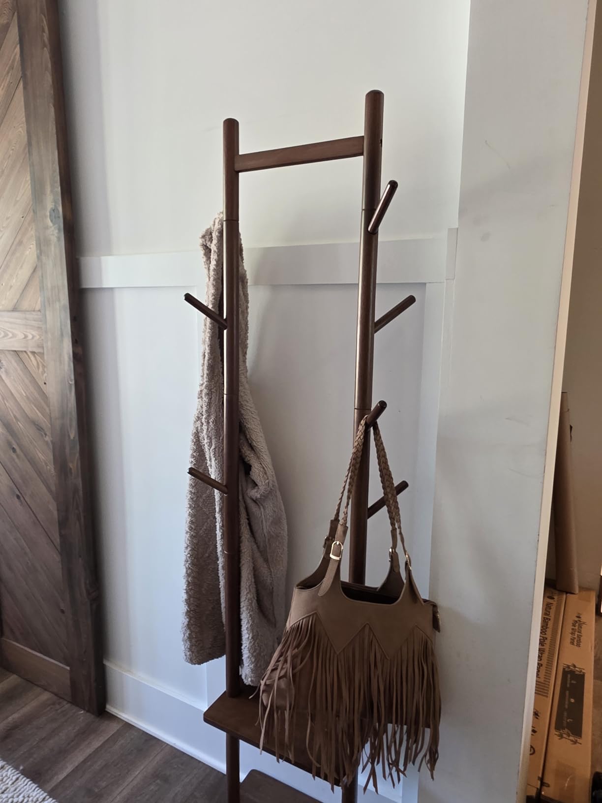 Yoobure Solid Wood Coat Rack Freestanding - Rolling Clothes Rack with 8 Hooks & Shelves, Small Clothing Rack with Wheels, Heavy Duty Clothing Racks for Hanging Clothes, Portable Hall Tree for Entryway customer photo 1