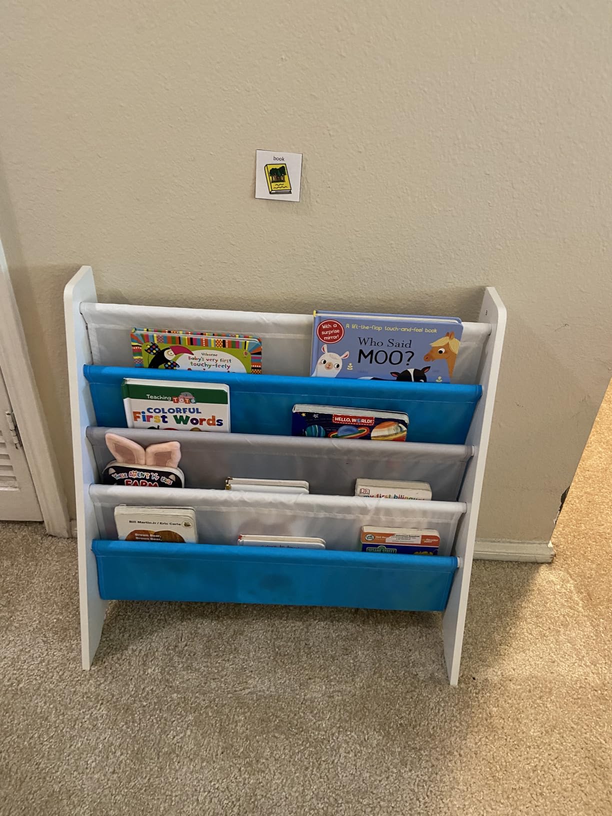 SONGMICS Kids Bookshelf, 4-Tier Toddler Bookcase, 24.6 x 9.8 x 23.6 Inch | Montessori Book display Rack, Child-Friendly Fabric Organizer for Playroom, Cloud White and White TEZA Collection UGKR079WB01 customer photo 1