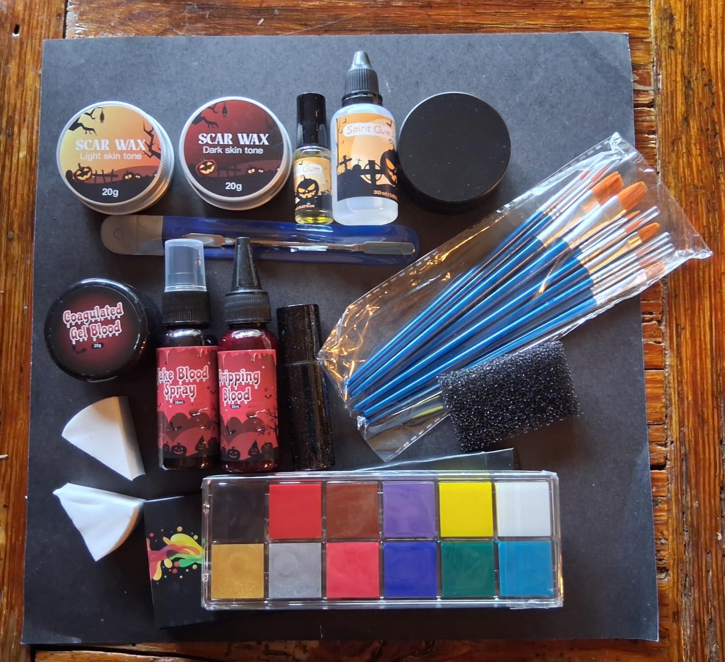 Halloween SFX Makeup Kit 24pcs for Adults Zombie Vampire Cosplay | 3 Kinds of Fake Blood+Scar Wax+Oil Face Paint Kit, Setting Powder, Brushes, Sponges, Professional Special Effects Makeup Kit customer photo 2