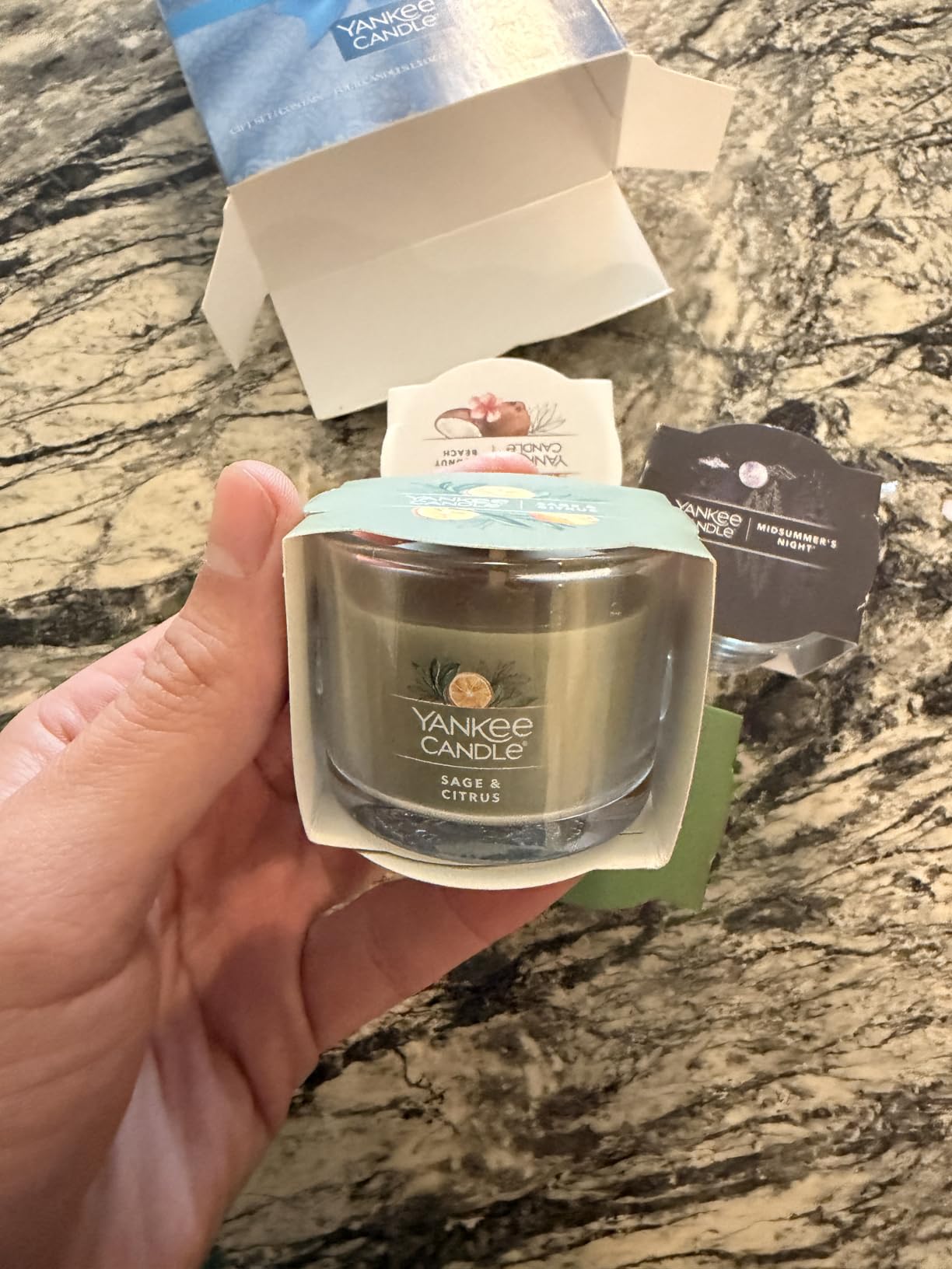 Yankee Candle Scented Votive Candles, Candle Gift Set, Home Fragrance Sampler Pack of 4, Sage and Citrus, Balsam Cedar, Coconut Beach and Midsummer's Night, 1.3 Oz customer photo 1