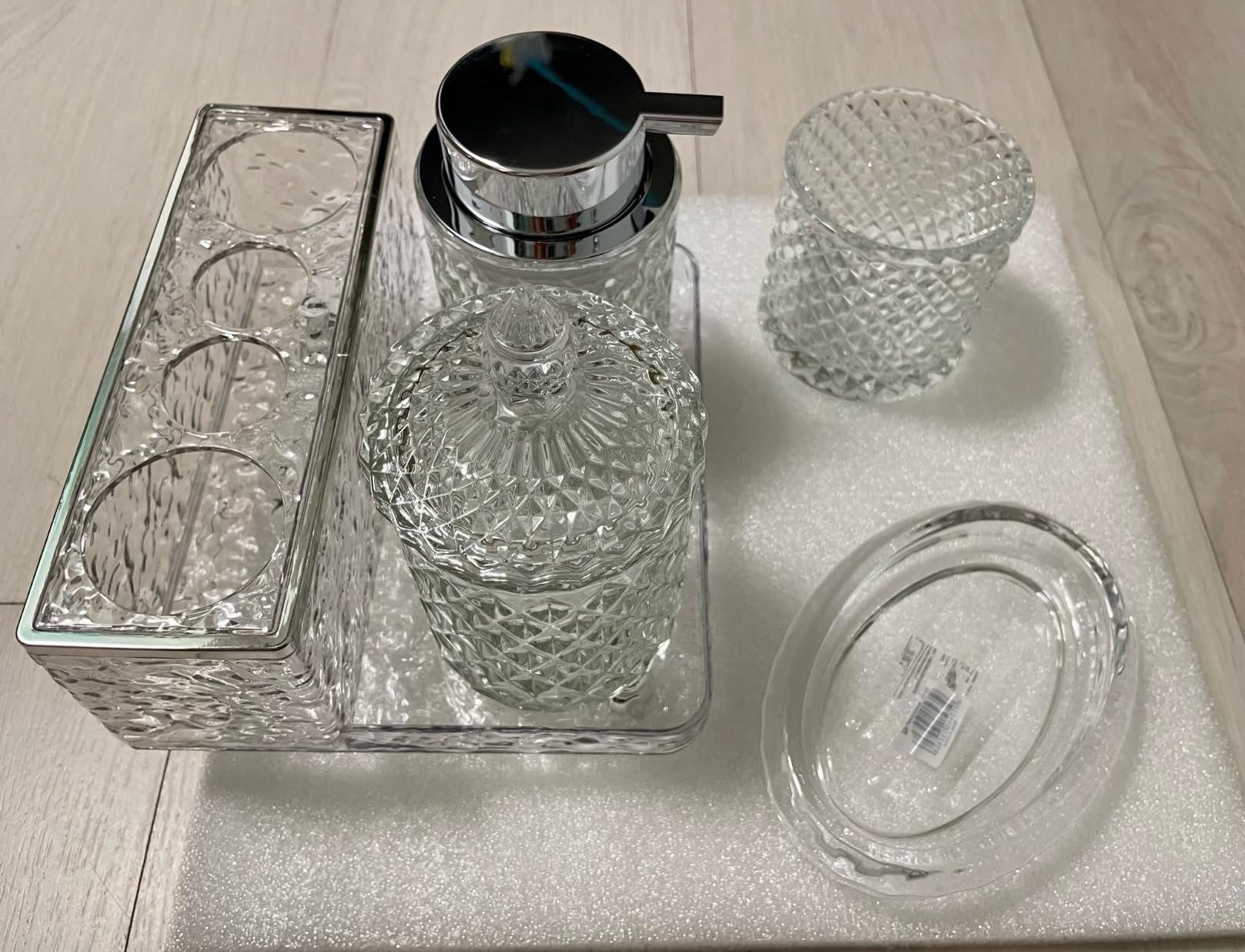 Glass Bathroom Accessories Set 5Pcs Crystal Black, Foaming Soap Dispenser, Soap Dish, Cup, Acrylic Toothbrush Holder with Tray Organizer, Cotton Swab Jar, Bathroom Counter Set Sink Decor customer photo 2