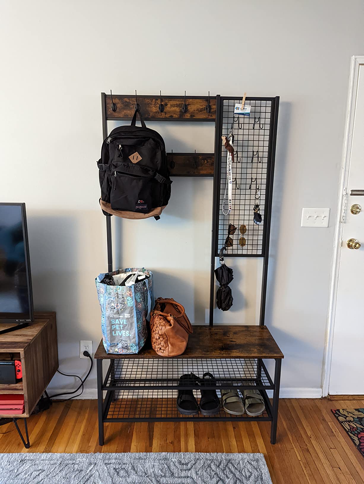 VASAGLE 5-in-1 Hall Tree with Bench and Shoe Storage, Adjustable LED Light | Coat Rack, 7 Double Hooks, Farmhouse Entryway Furniture, Rustic White, HAINS Collection UHSR653WJ03S customer photo 2