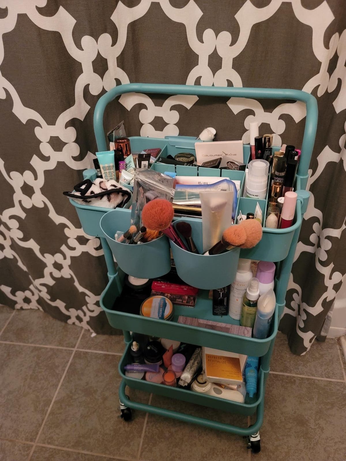 ALVOROG Rolling Storage Cart with 5 Drawers,Pegboards,Wooden Top,Bins,White customer photo 2