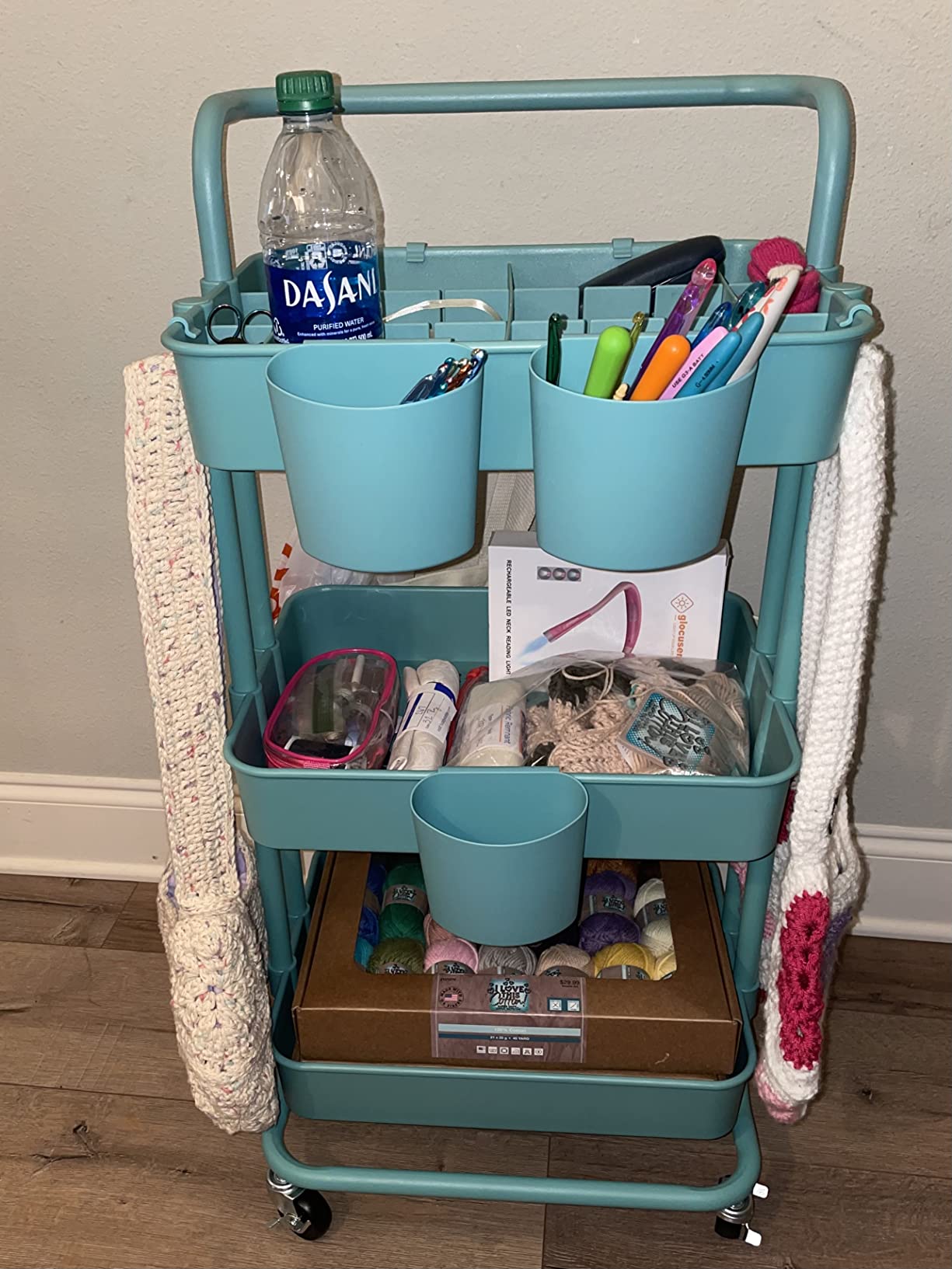 ALVOROG Rolling Storage Cart with 5 Drawers,Pegboards,Wooden Top,Bins,Black customer photo 1