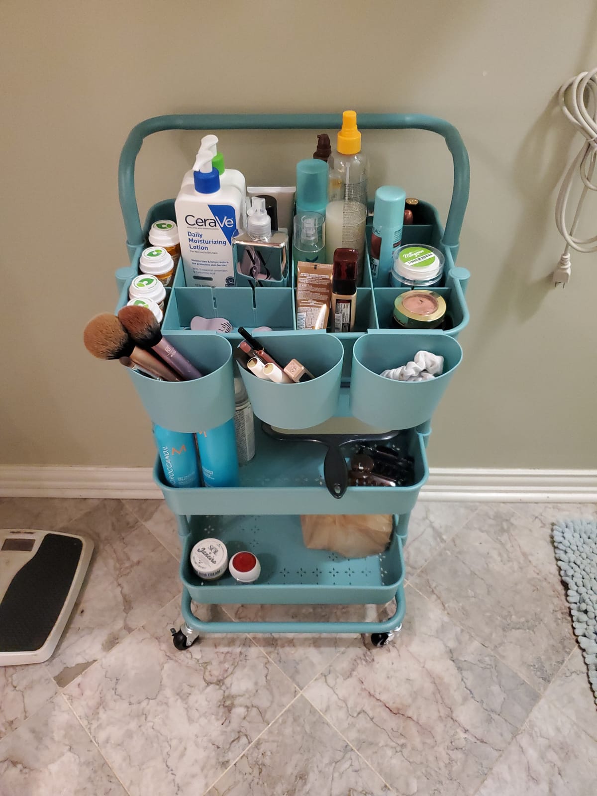 ALVOROG Rolling Storage Cart with 5 Drawers,Pegboards,Wooden Top,Bins,Black customer photo 2