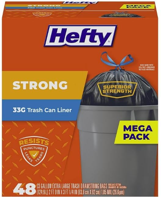 Hefty Strong 33 Gallon Trash Bags with Drawstrings, Black, Unscented, 48ct customer photo 1